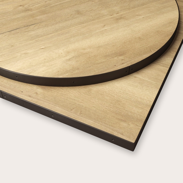 Oak Veneer Table Top with Black Steel Band Edging The Contact Chair